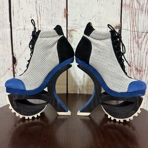 JEFFREY CAMPBELL Blue Suede Mesh high top sneakers wood & rubber platforms 6.5